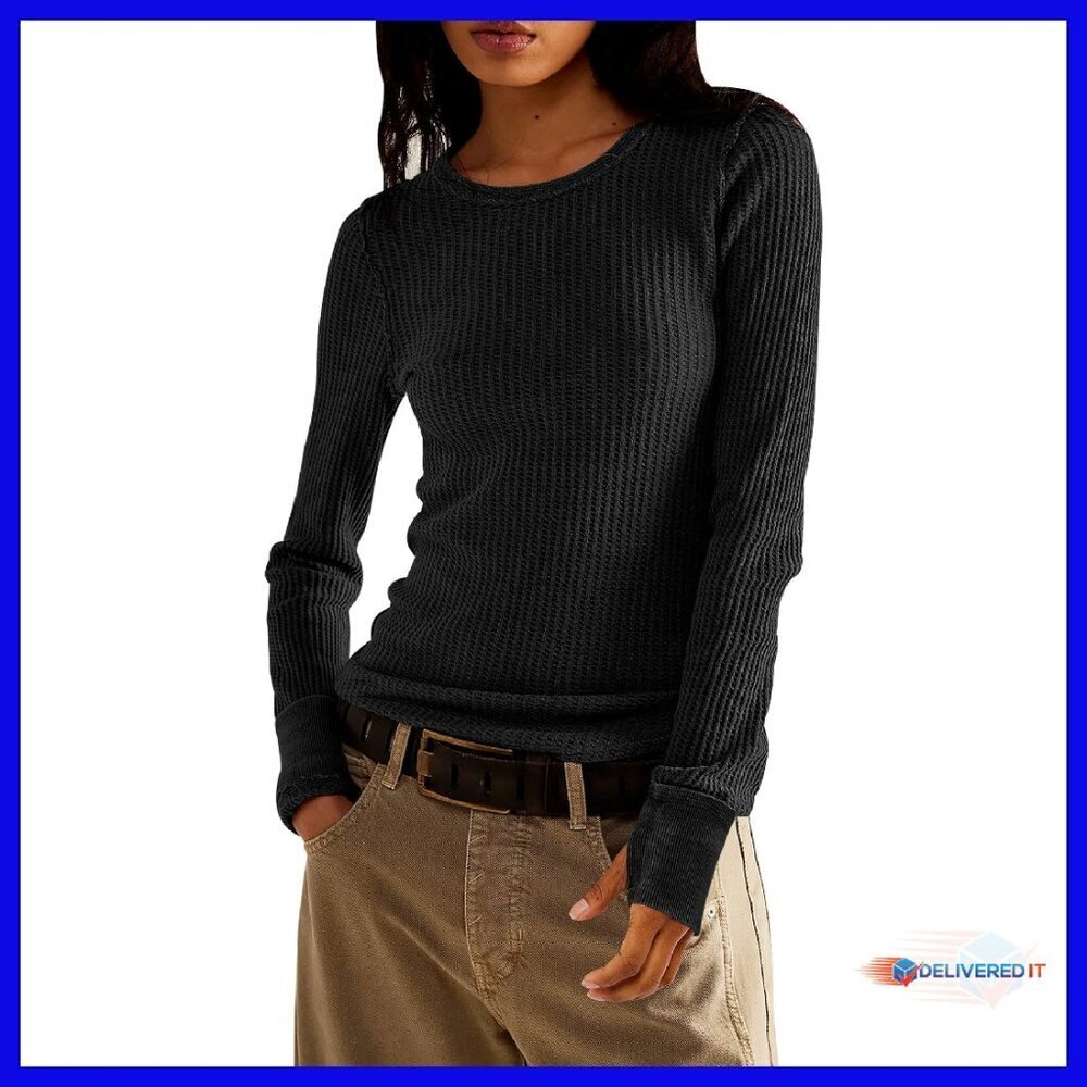 Waffle Knit Long Sleeve Crew Neck Slim Fit Pullover Top